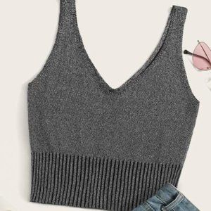 Ribbed Metallic V Neck Crop Top